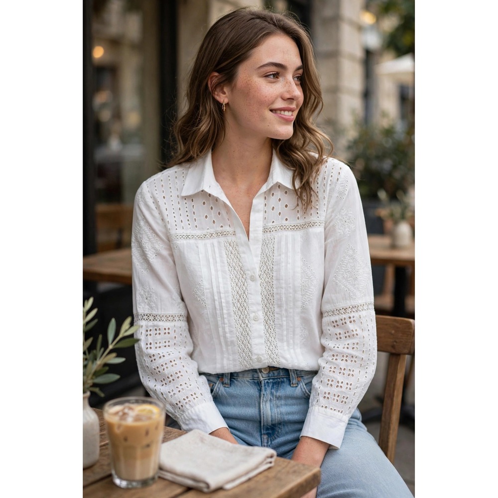 Zara White Eyelet Embroidery Cotton Button Down Shirt Blouse Small Boho Lace